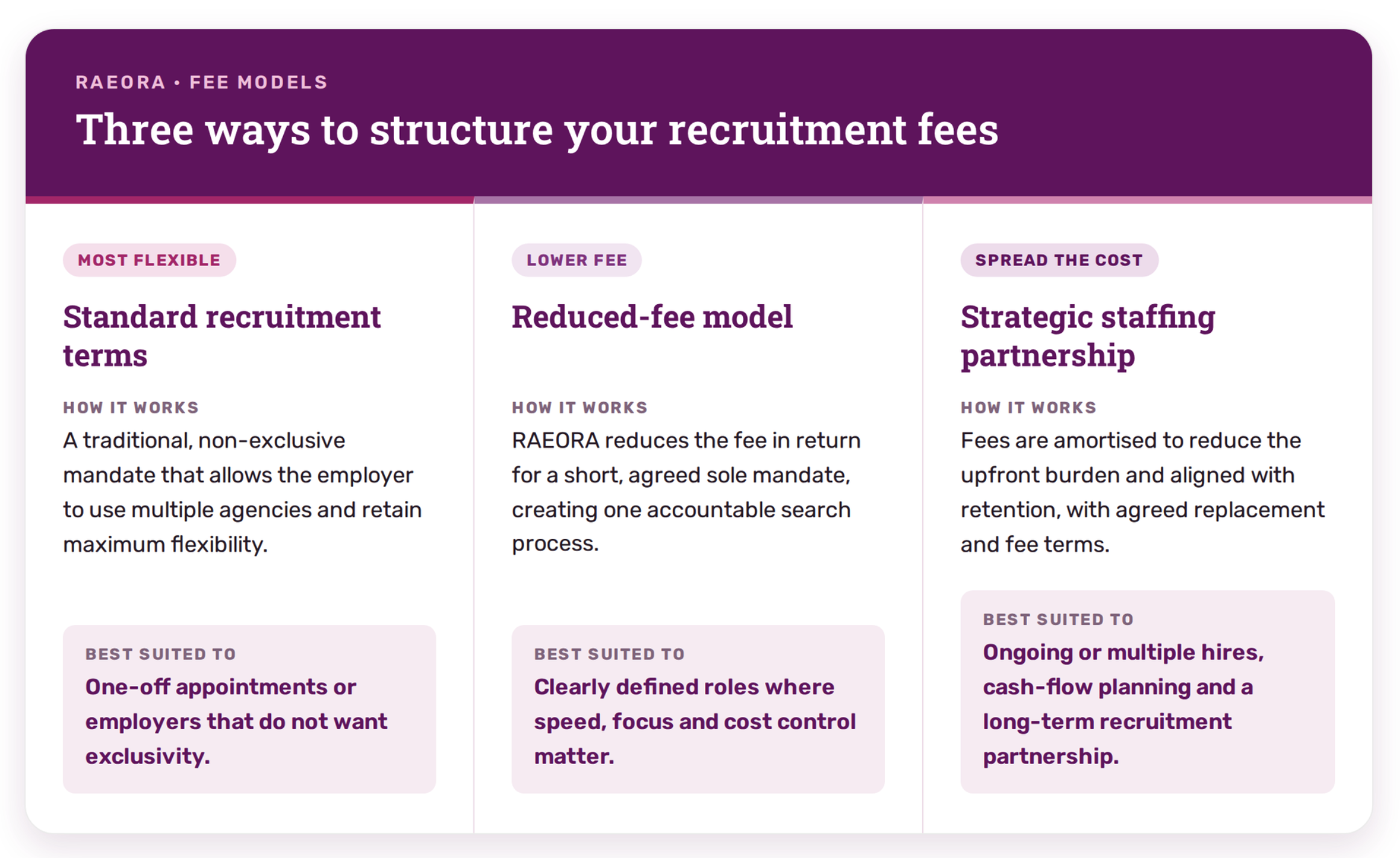 Comparison of RAEORA's three recruitment fee models: standard terms, reduced-fee model and strategic staffing partnership